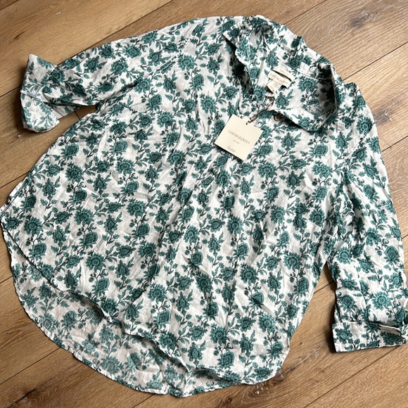 Cynthia Rowley Women Linen 1X Top Blouse White Green Floral Pullover NWT - Picture 2 of 11